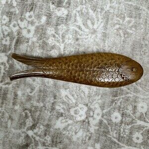 Vintage 1970s Carved Wood Fish Shape Double Nut Cracker 8" Folk Art Decor 25-EUC